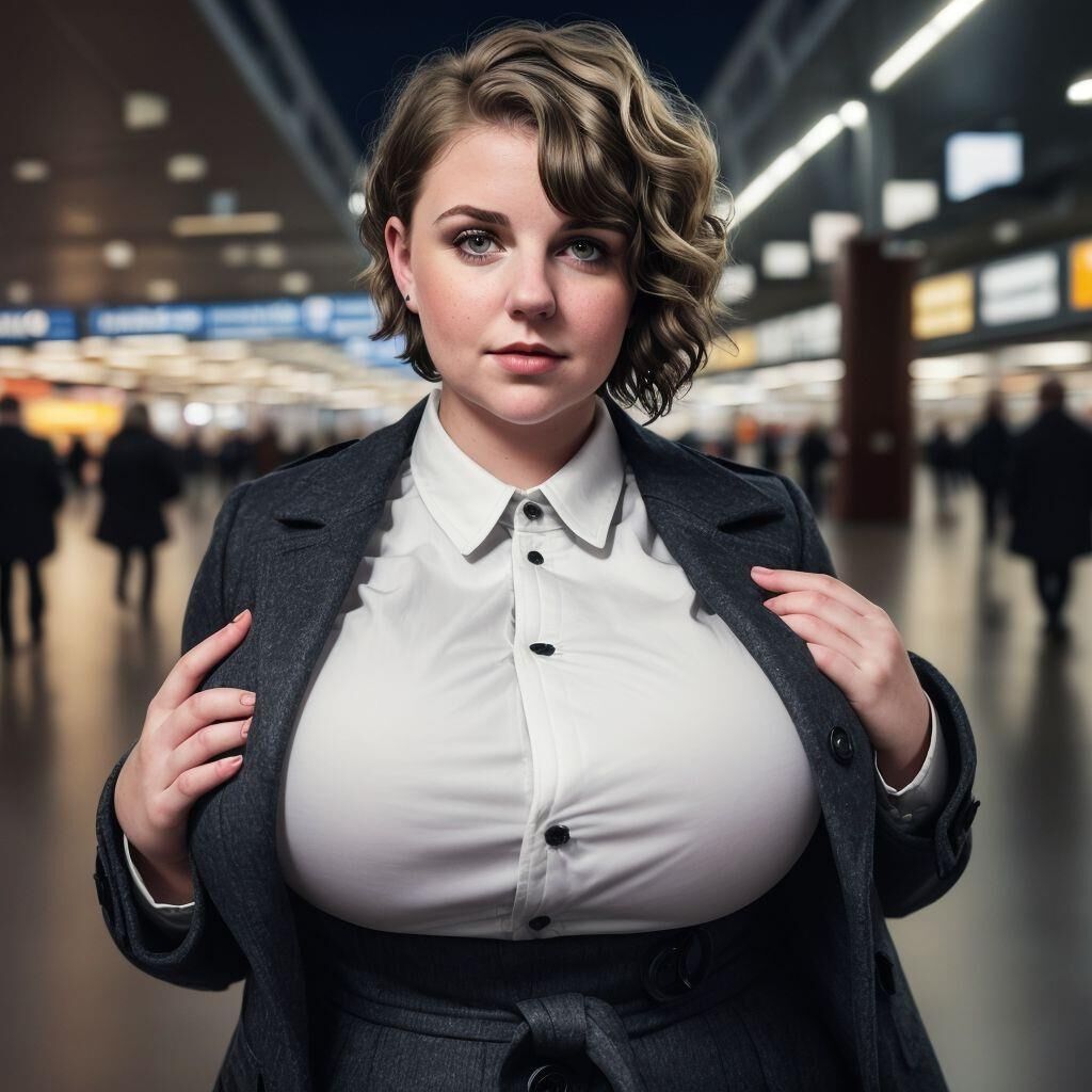 AI - Woman with short hair in a coat at the airport