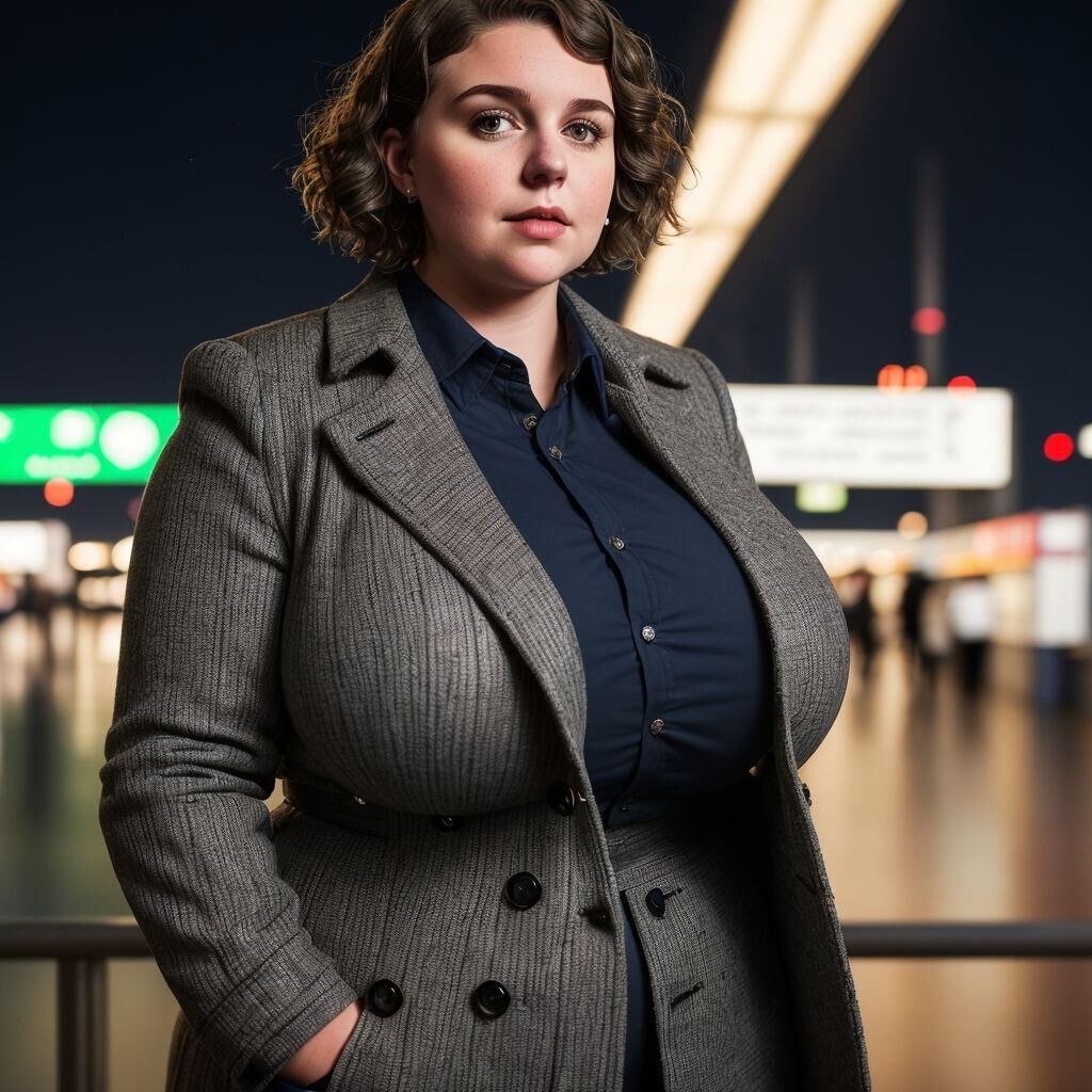 AI - Woman with short hair in a coat at the airport