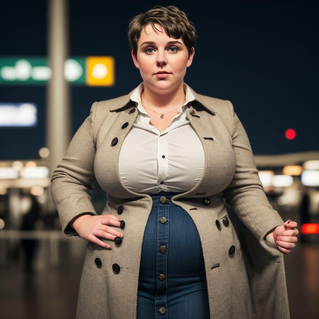 AI - Woman with short hair in a coat at the airport