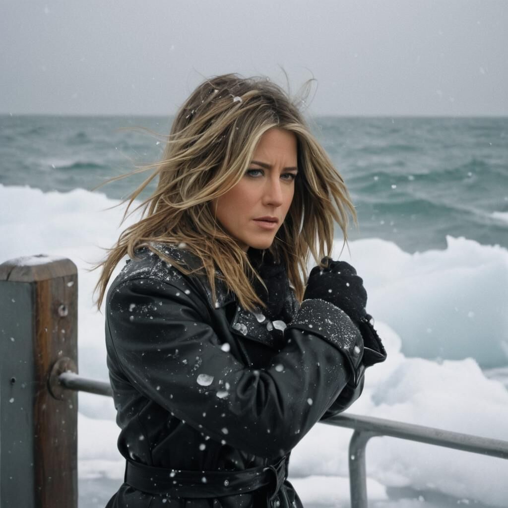 A.I. Jennifer Aniston dans le froid en cuir.