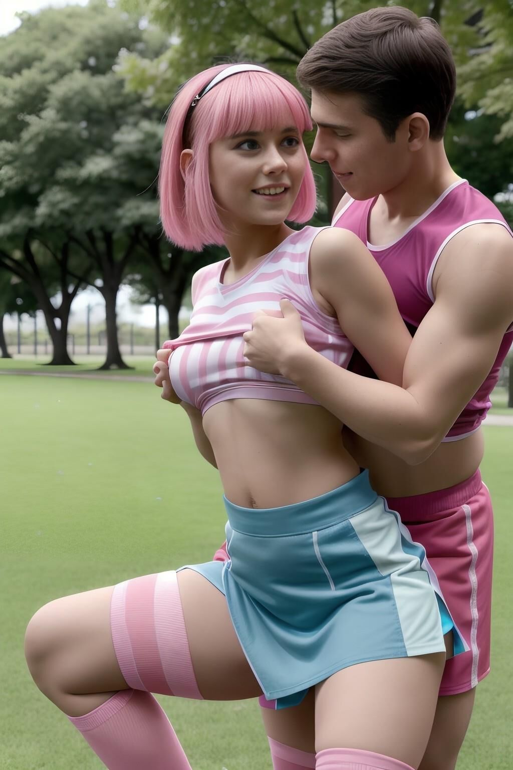 AI Generated 675: pink hair cosplay at the park 