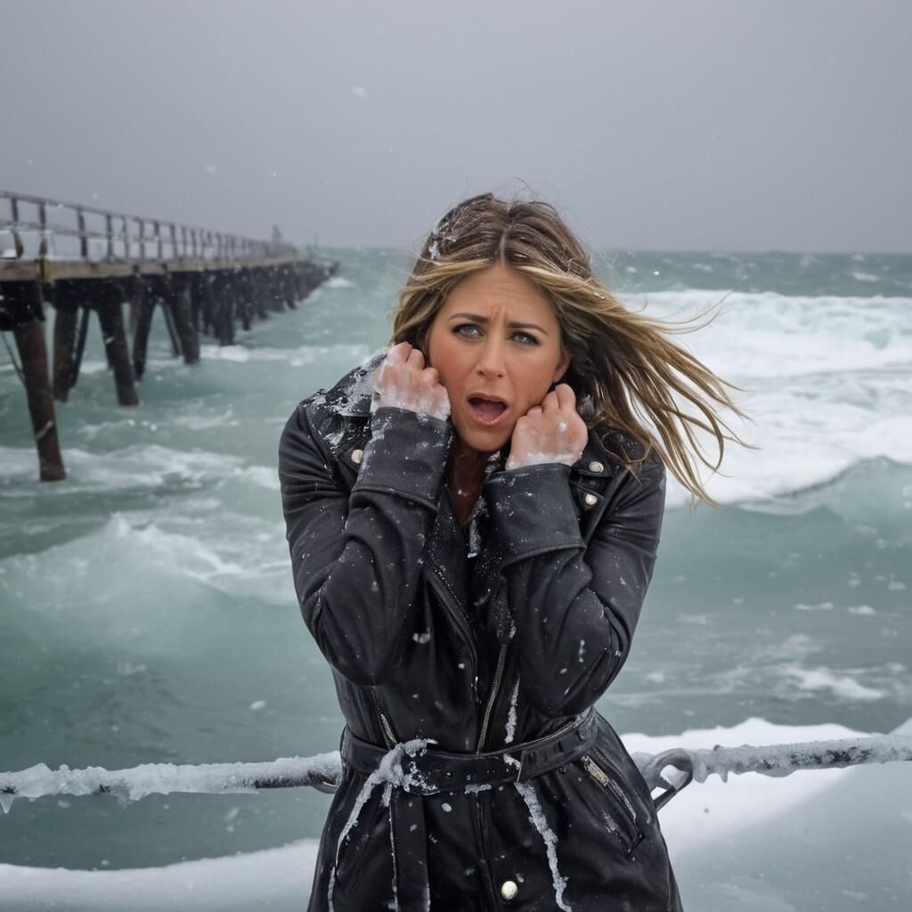 A.I. Jennifer Aniston dans le froid en cuir.