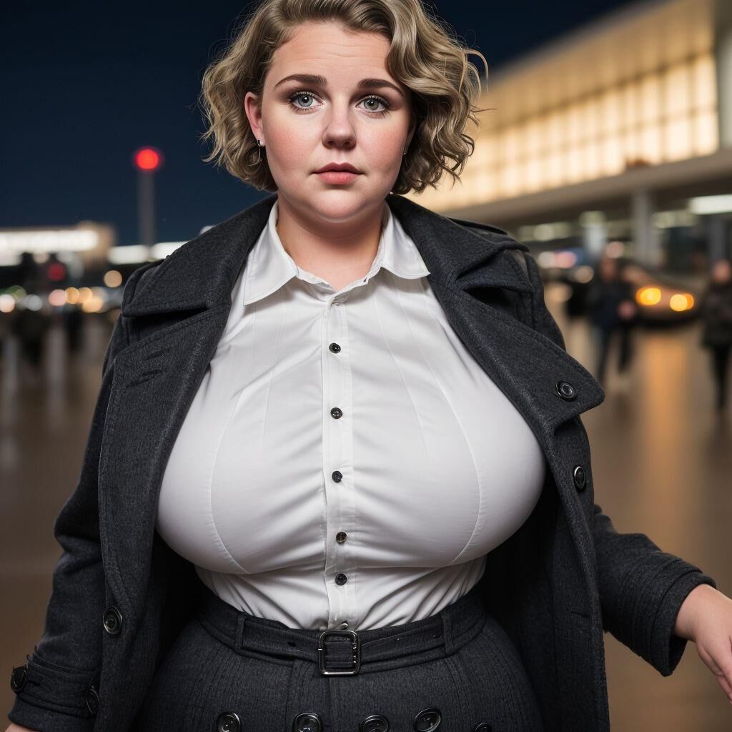 AI - Woman with short hair in a coat at the airport