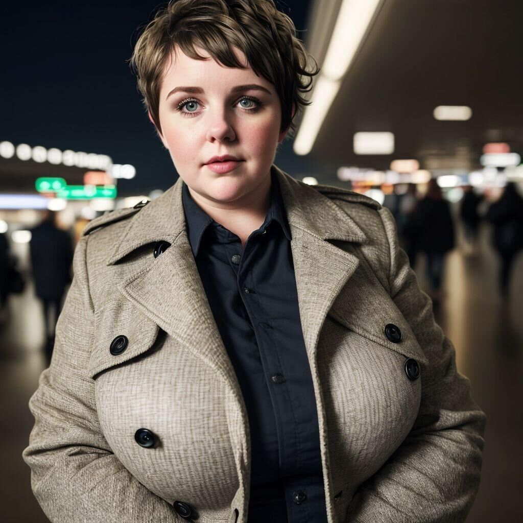 AI - Woman with short hair in a coat at the airport