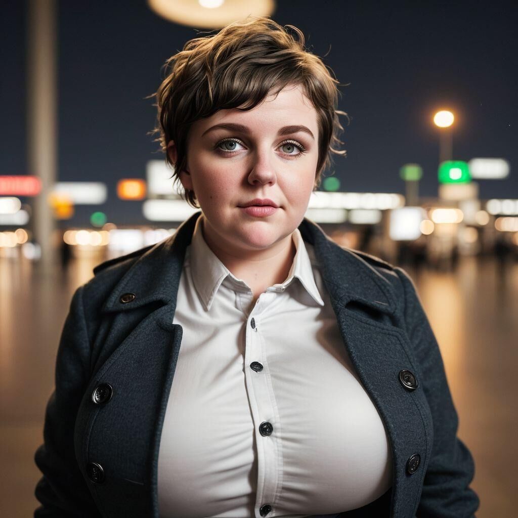 AI - Woman with short hair in a coat at the airport