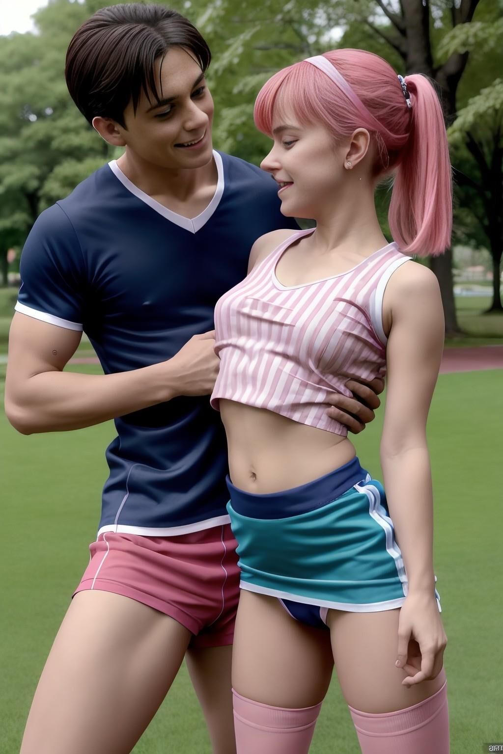 AI Generated 678: pink hair cosplay at the park  