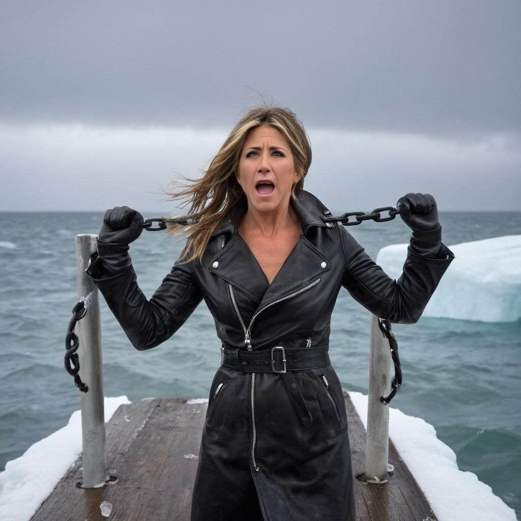 A.I. Jennifer Aniston dans le froid en cuir.