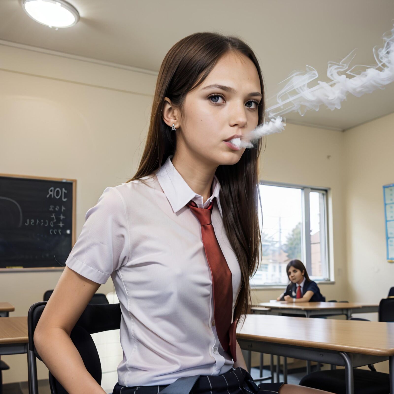 Schulmädchen raucht im Klassenzimmer
