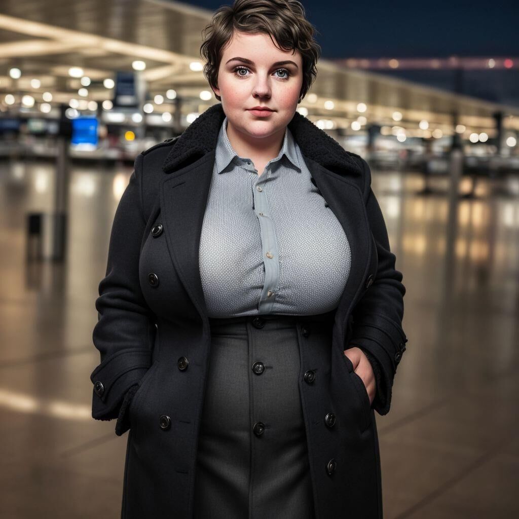 AI - Woman with short hair in a coat at the airport