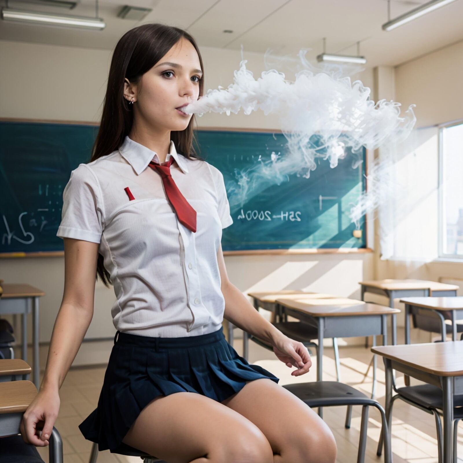 Schulmädchen raucht im Klassenzimmer