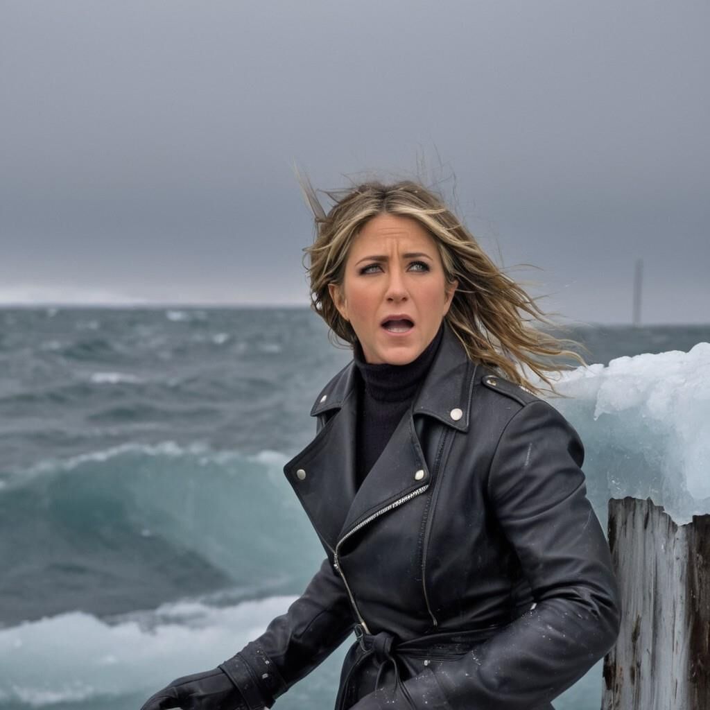 A.I. Jennifer Aniston dans le froid en cuir.