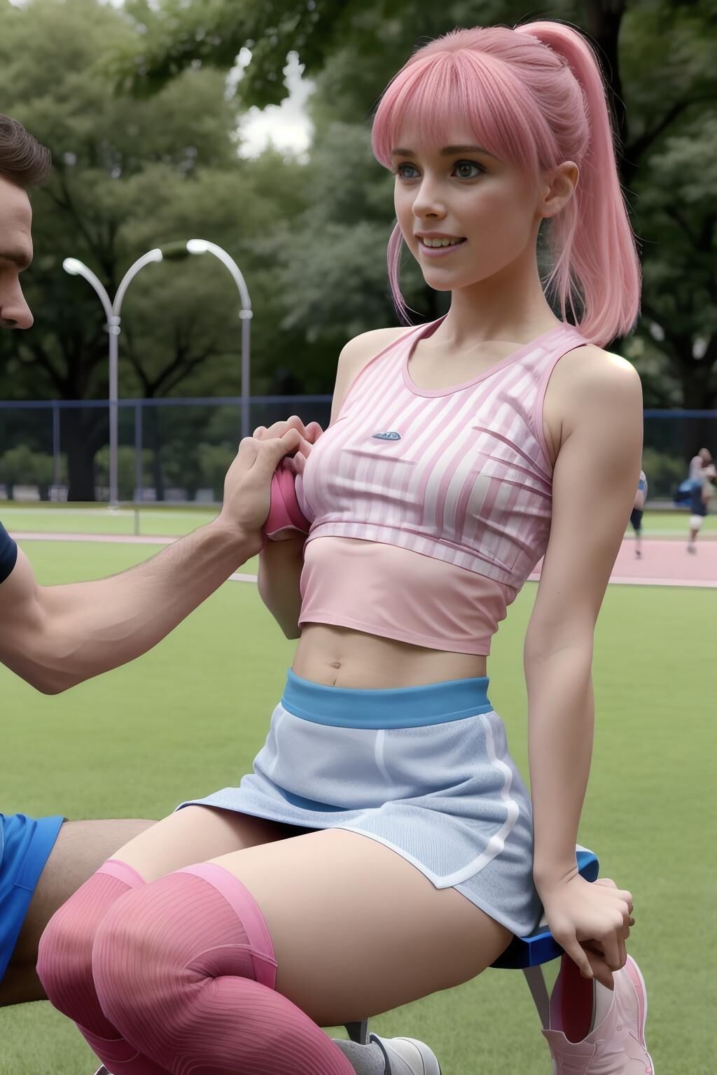 AI Generated 678: pink hair cosplay at the park  