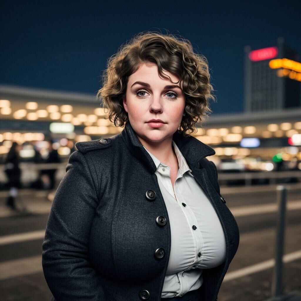 AI - Woman with short hair in a coat at the airport