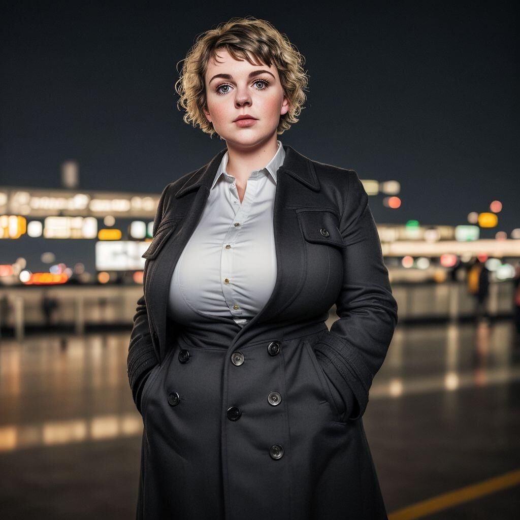 AI - Woman with short hair in a coat at the airport