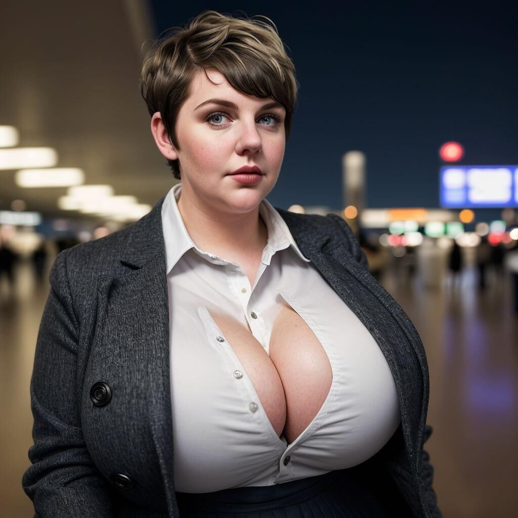 AI - Woman with short hair in a coat at the airport