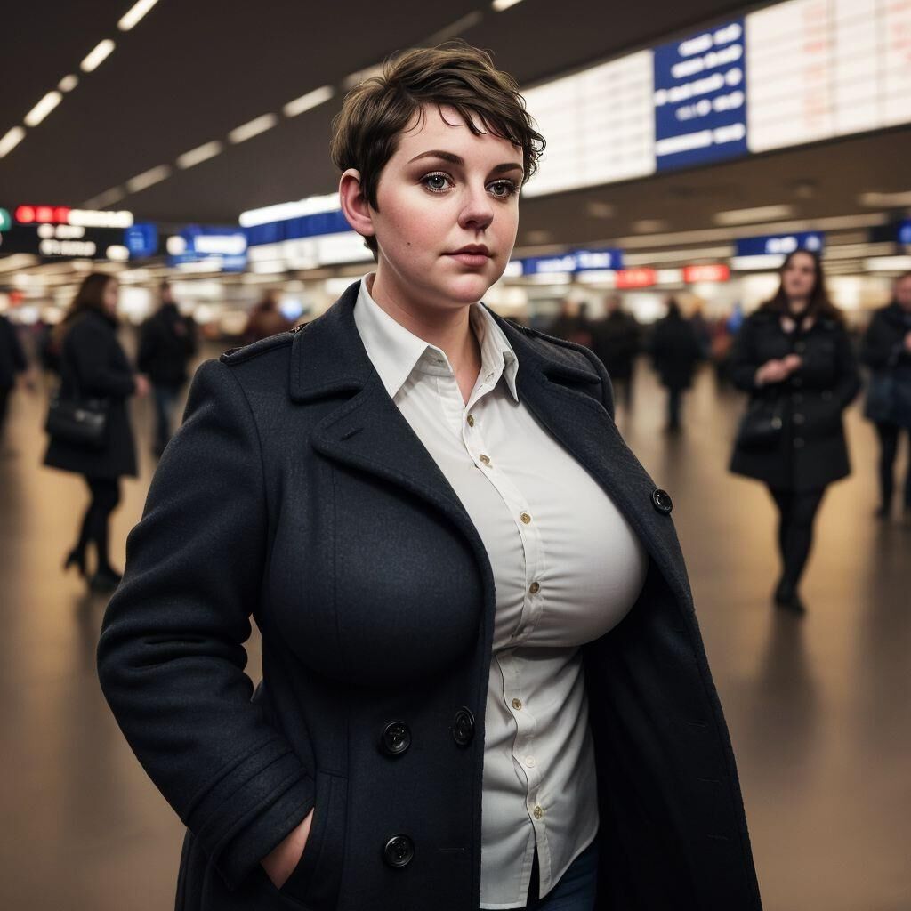 AI - Woman with short hair in a coat at the airport