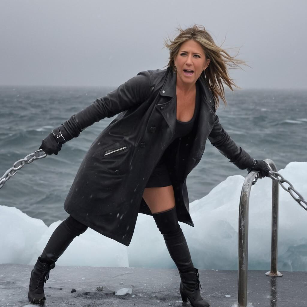 A.I. Jennifer Aniston dans le froid en cuir.