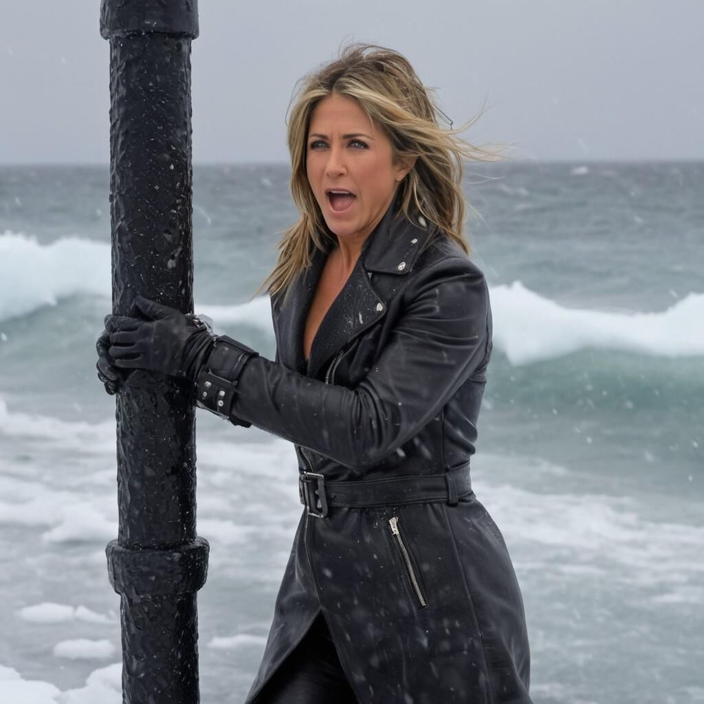 A.I. Jennifer Aniston dans le froid en cuir.