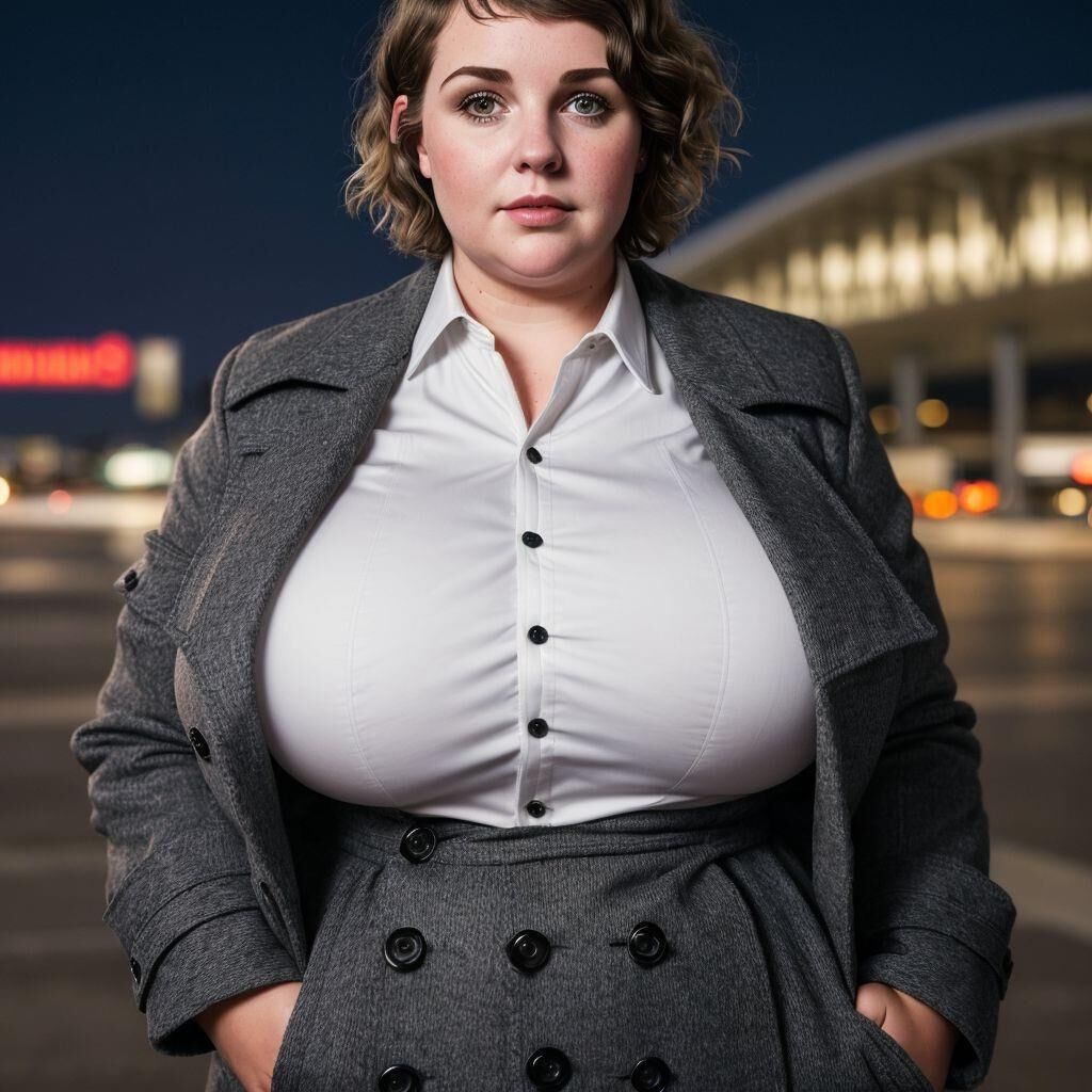 AI - Woman with short hair in a coat at the airport