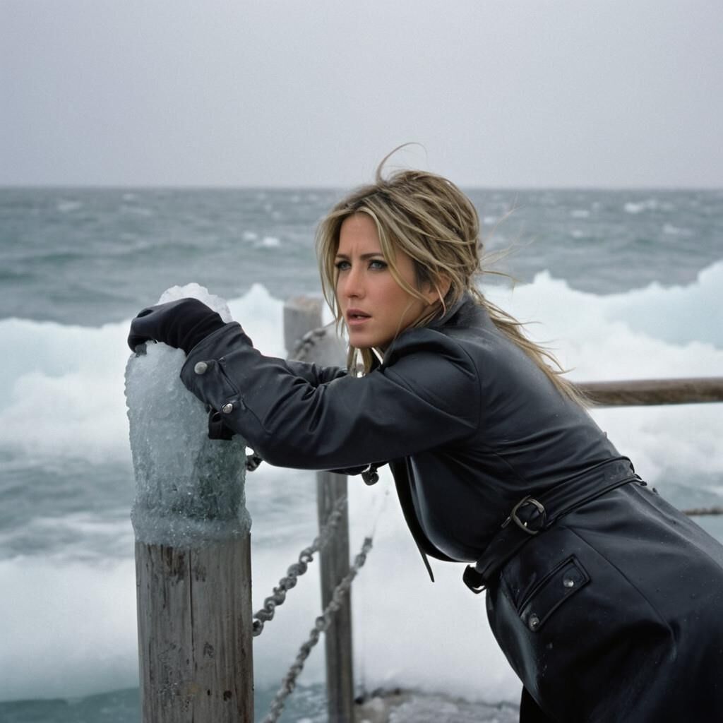 A.I. Jennifer Aniston dans le froid en cuir.