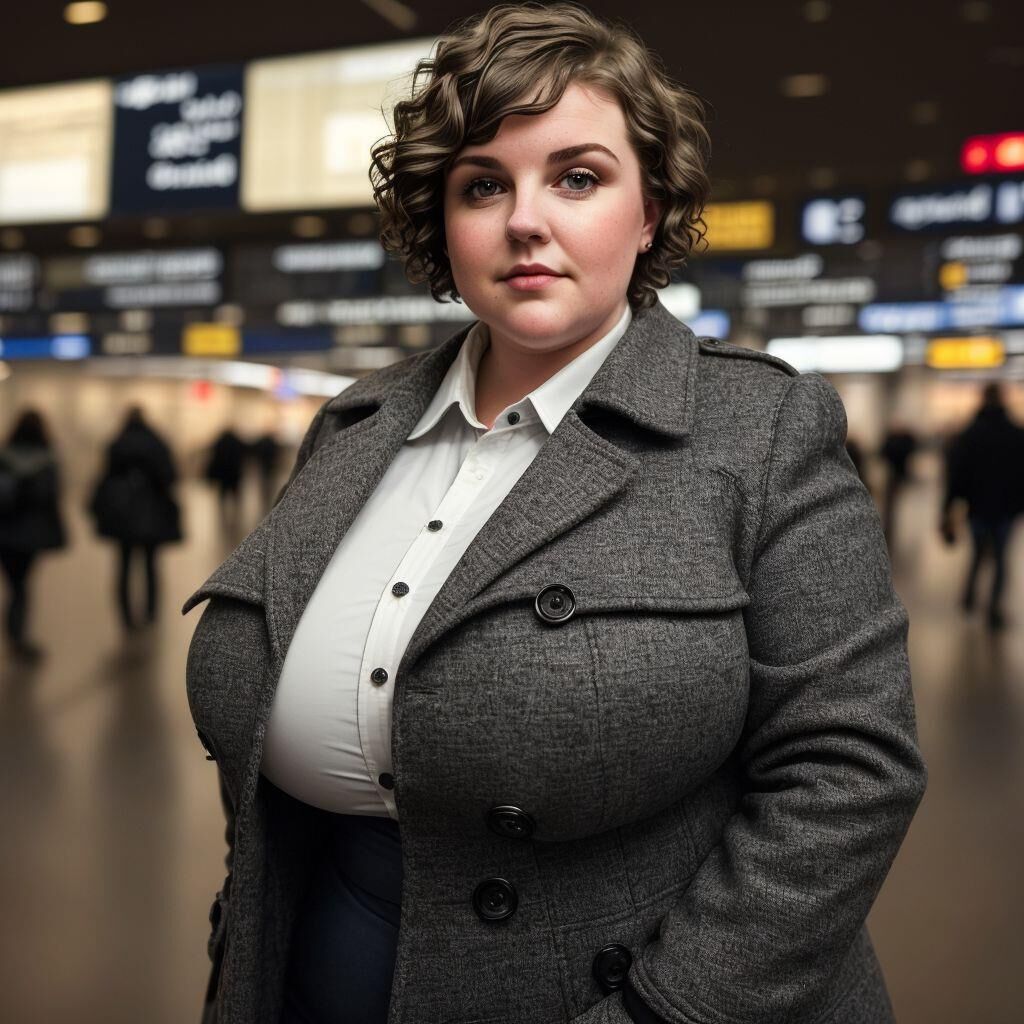 AI - Woman with short hair in a coat at the airport