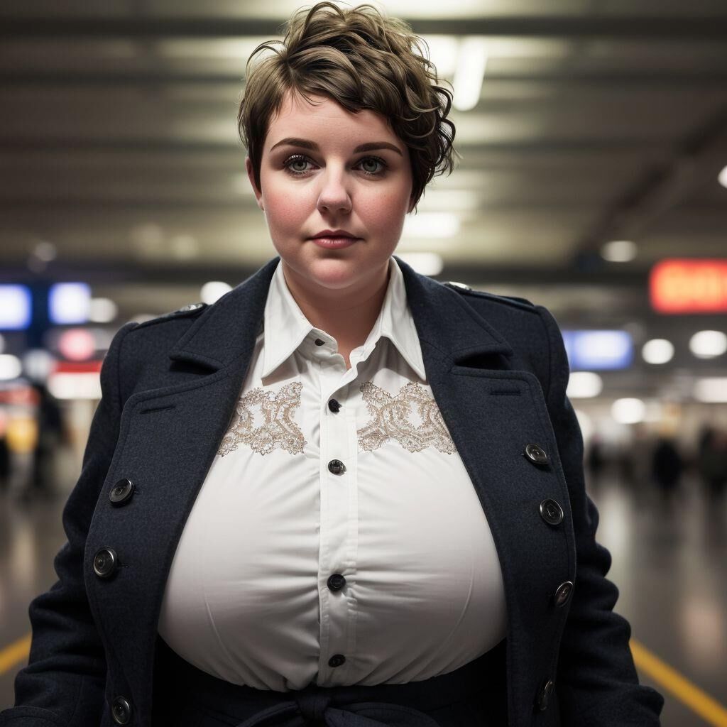 AI - Woman with short hair in a coat at the airport