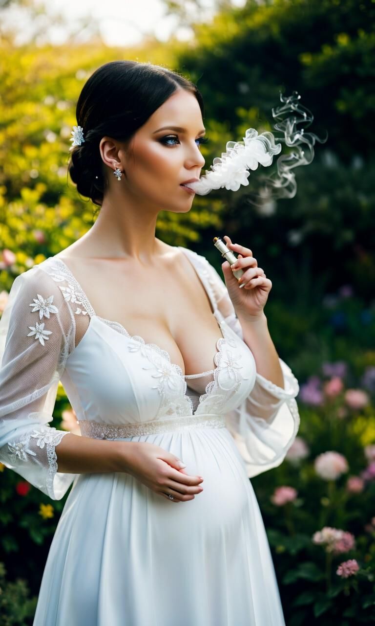 Pregnant bride is smoking a cigarette