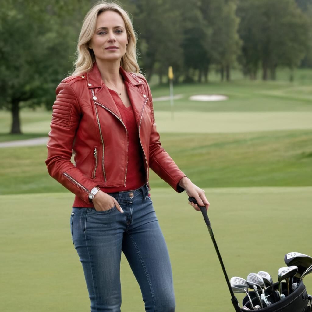 A.I. Sofia Helin in Red Leather Jacket on a Golf court.