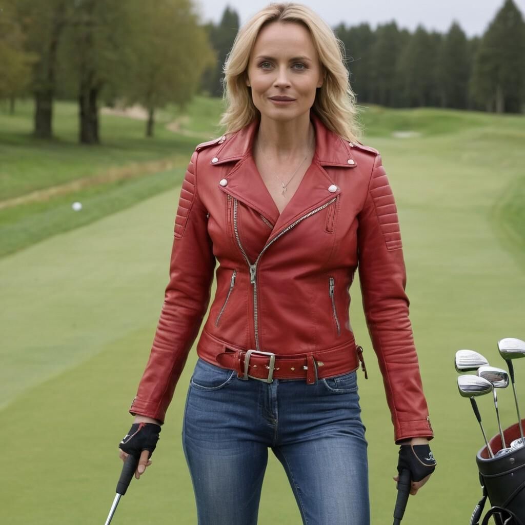 A.I. Sofia Helin in Red Leather Jacket on a Golf court.