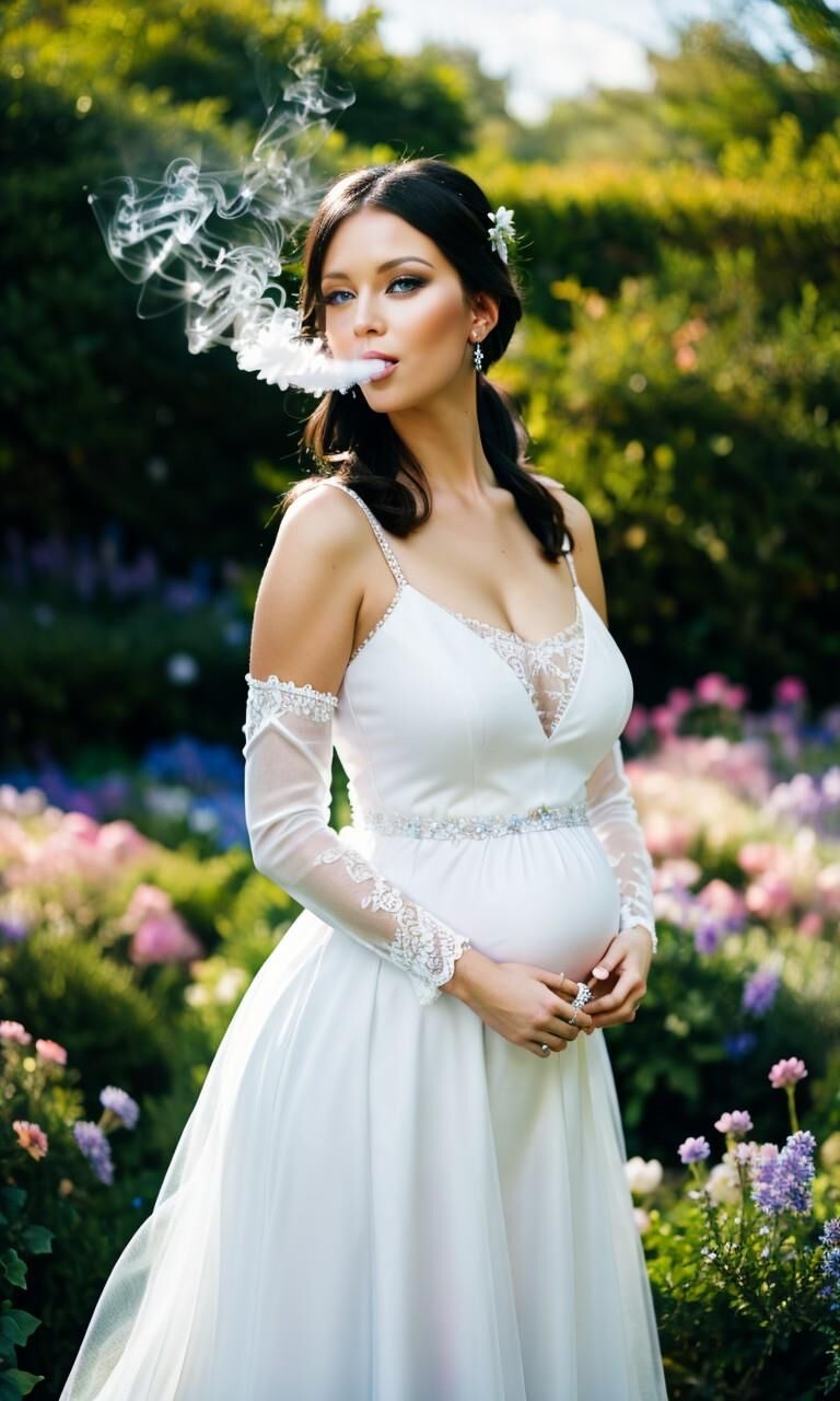 Pregnant bride is smoking a cigarette