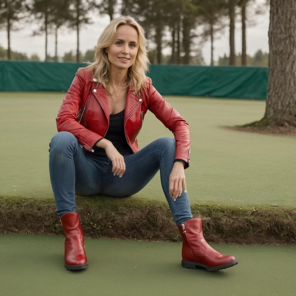 A.I. Sofia Helin in Red Leather Jacket on a Golf court.