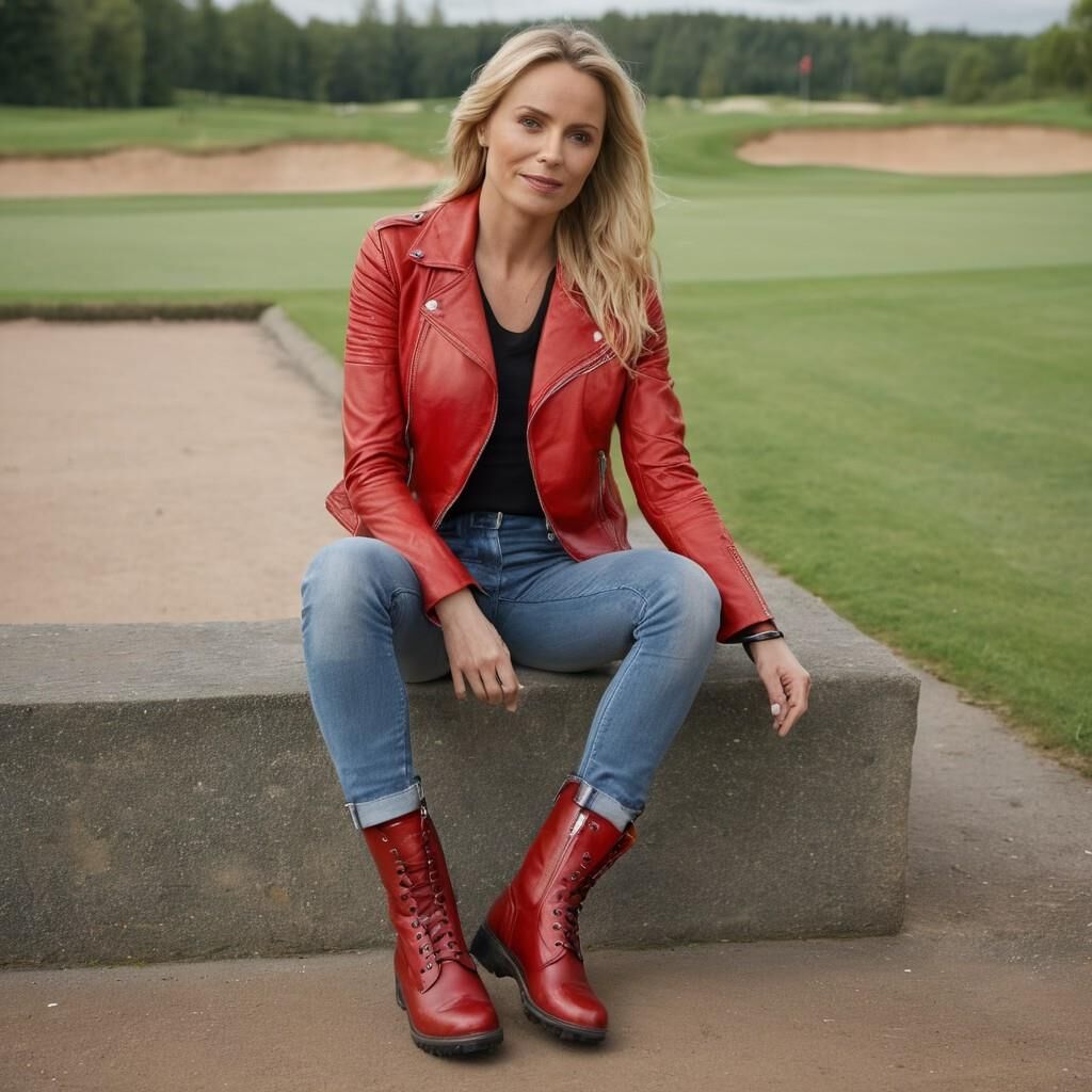 A.I. Sofia Helin in Red Leather Jacket on a Golf court.