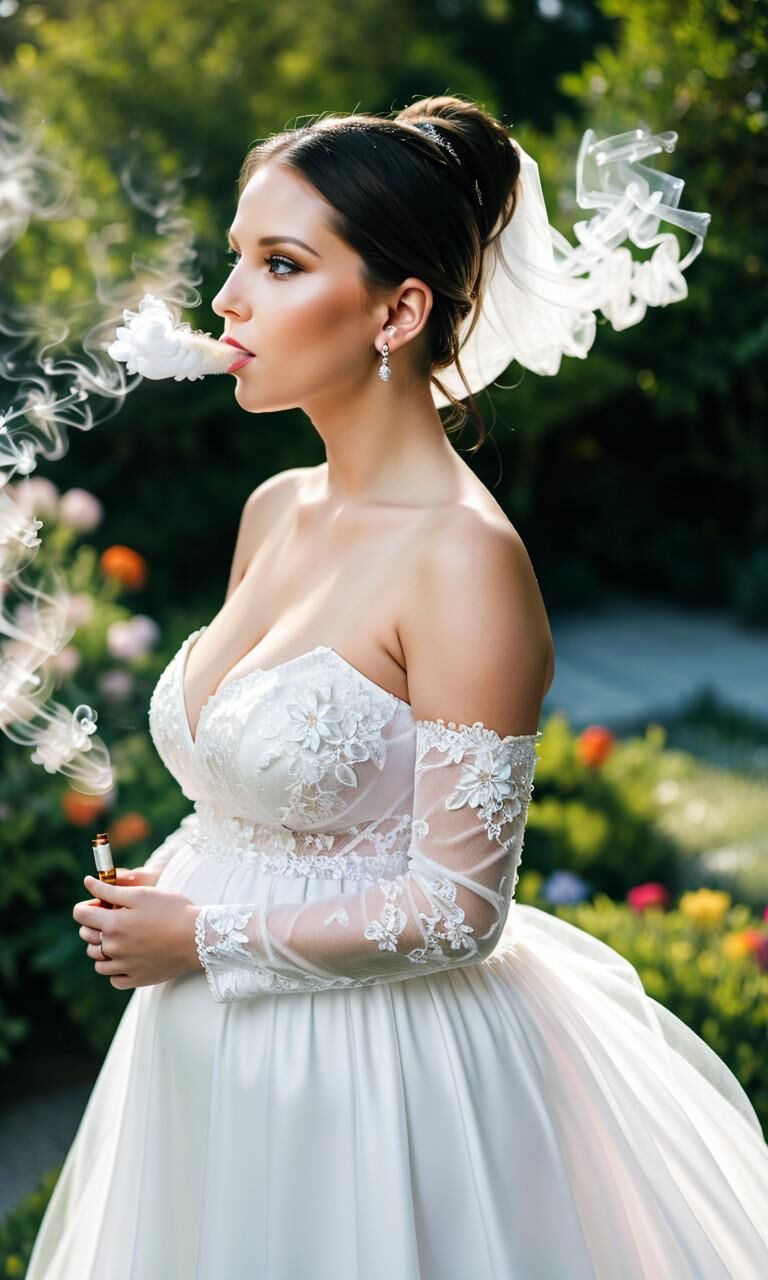 Pregnant bride is smoking a cigarette