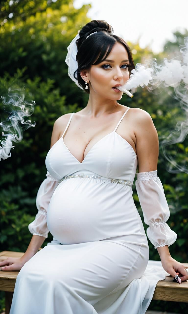 Pregnant bride is smoking a cigarette