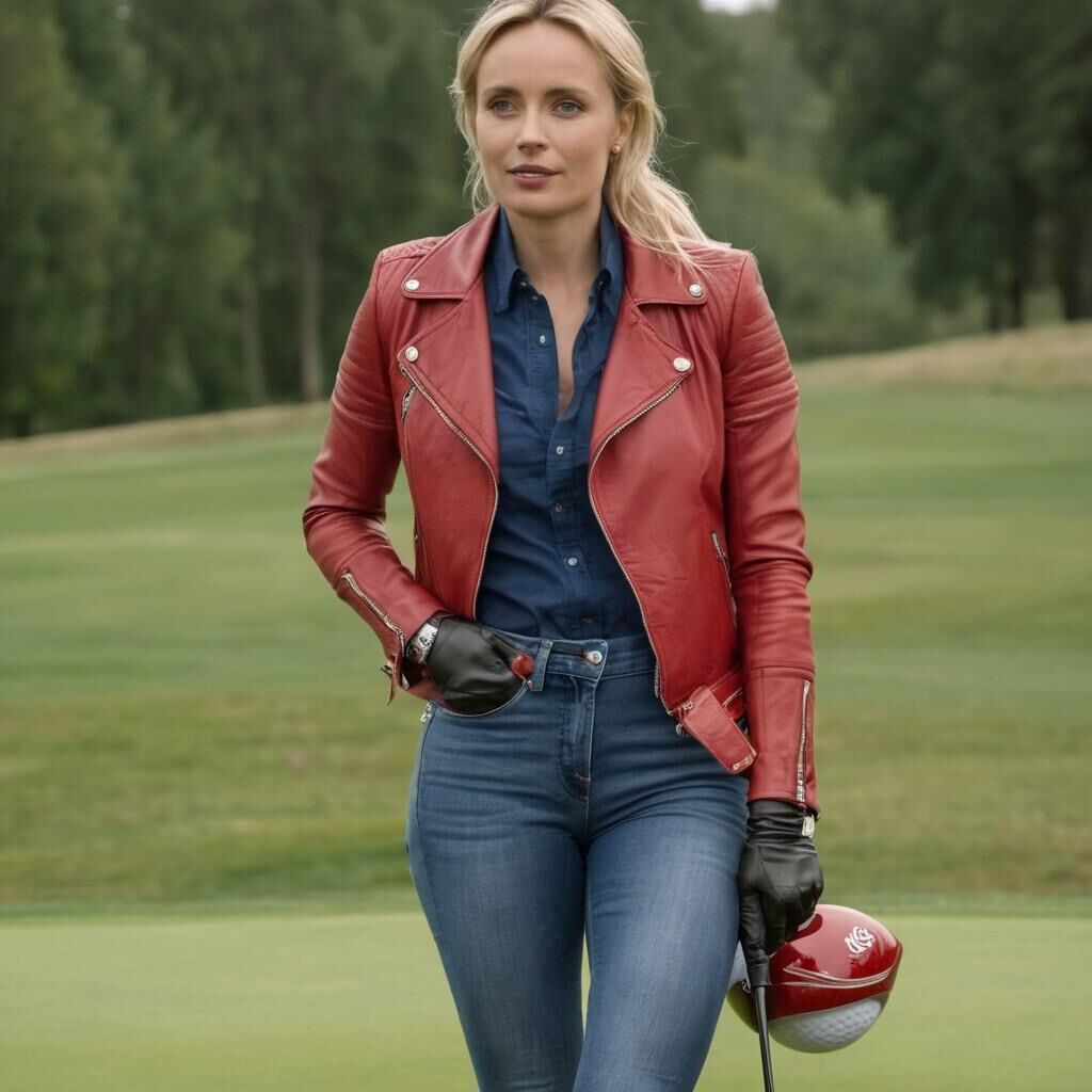 A.I. Sofia Helin in Red Leather Jacket on a Golf court.