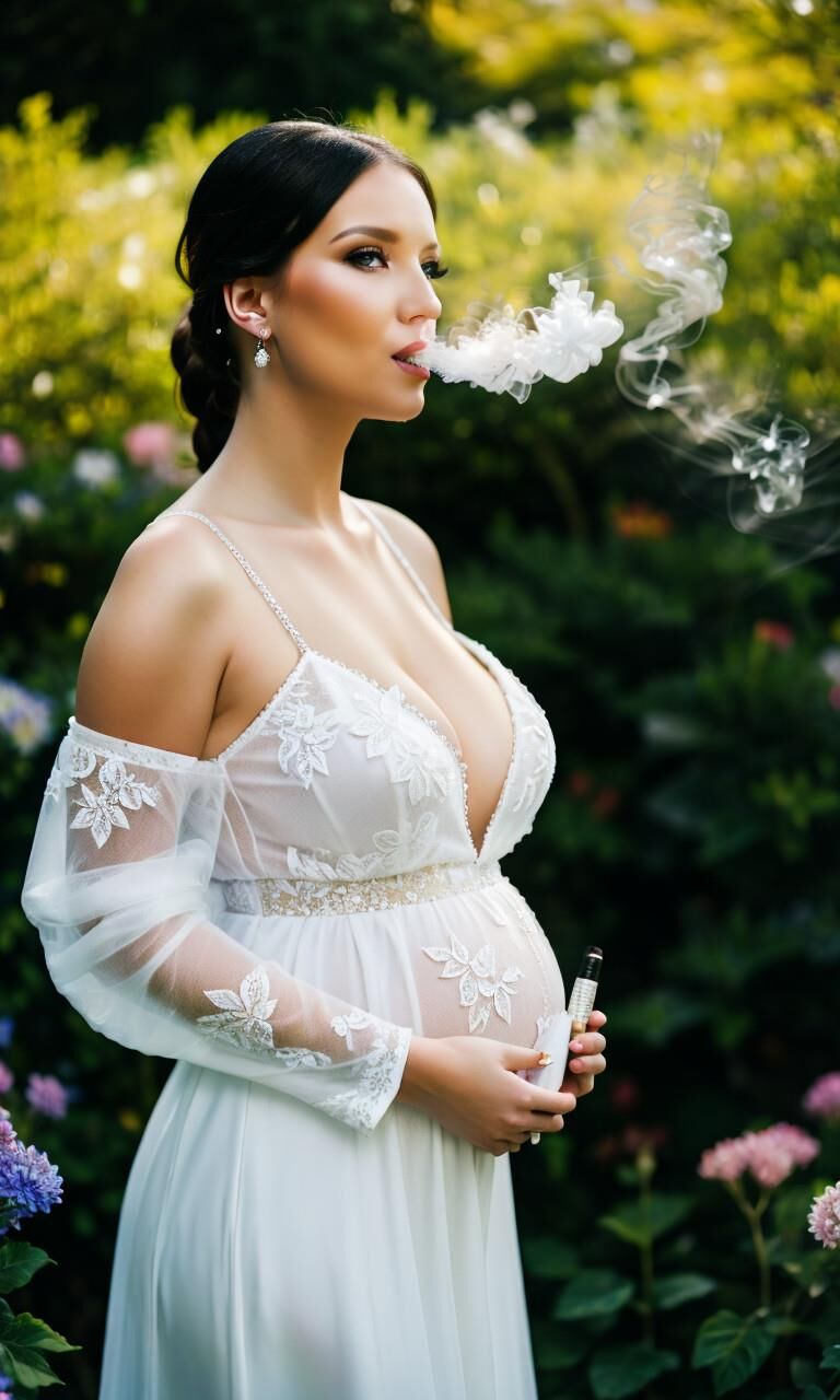 Pregnant bride is smoking a cigarette