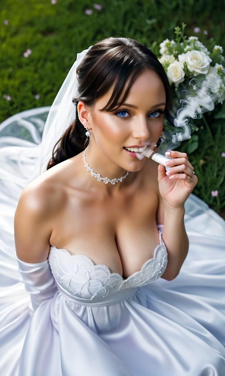 Pregnant bride is smoking a cigarette