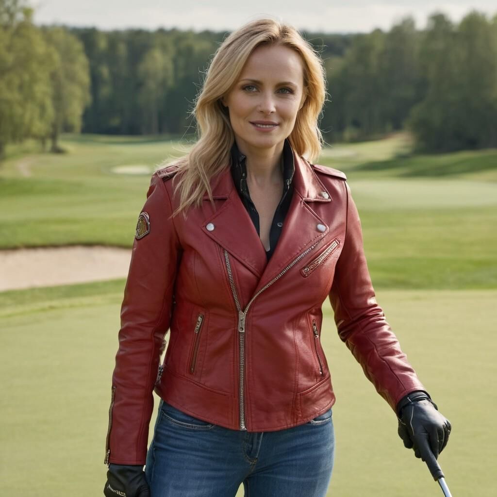 A.I. Sofia Helin in Red Leather Jacket on a Golf court.