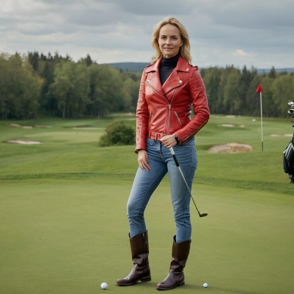 A.I. Sofia Helin in Red Leather Jacket on a Golf court.