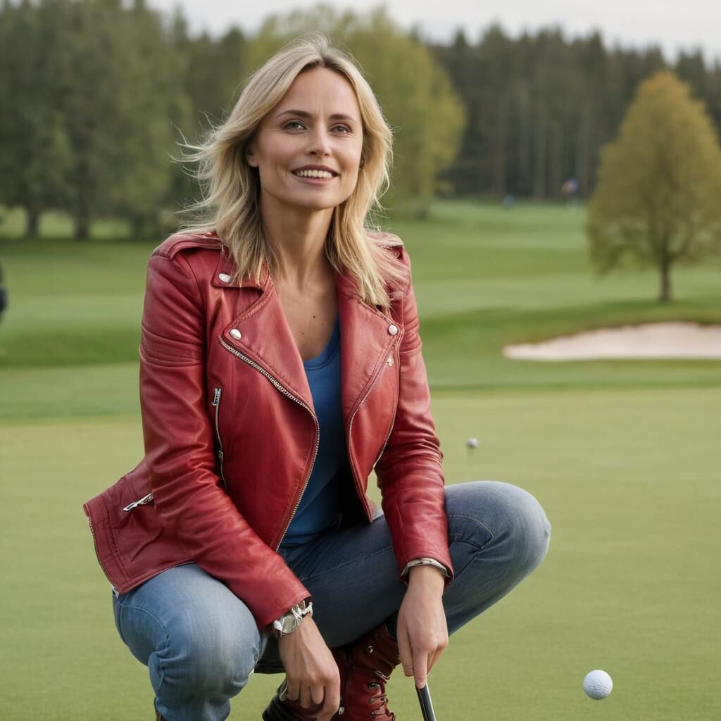 A.I. Sofia Helin in Red Leather Jacket on a Golf court.