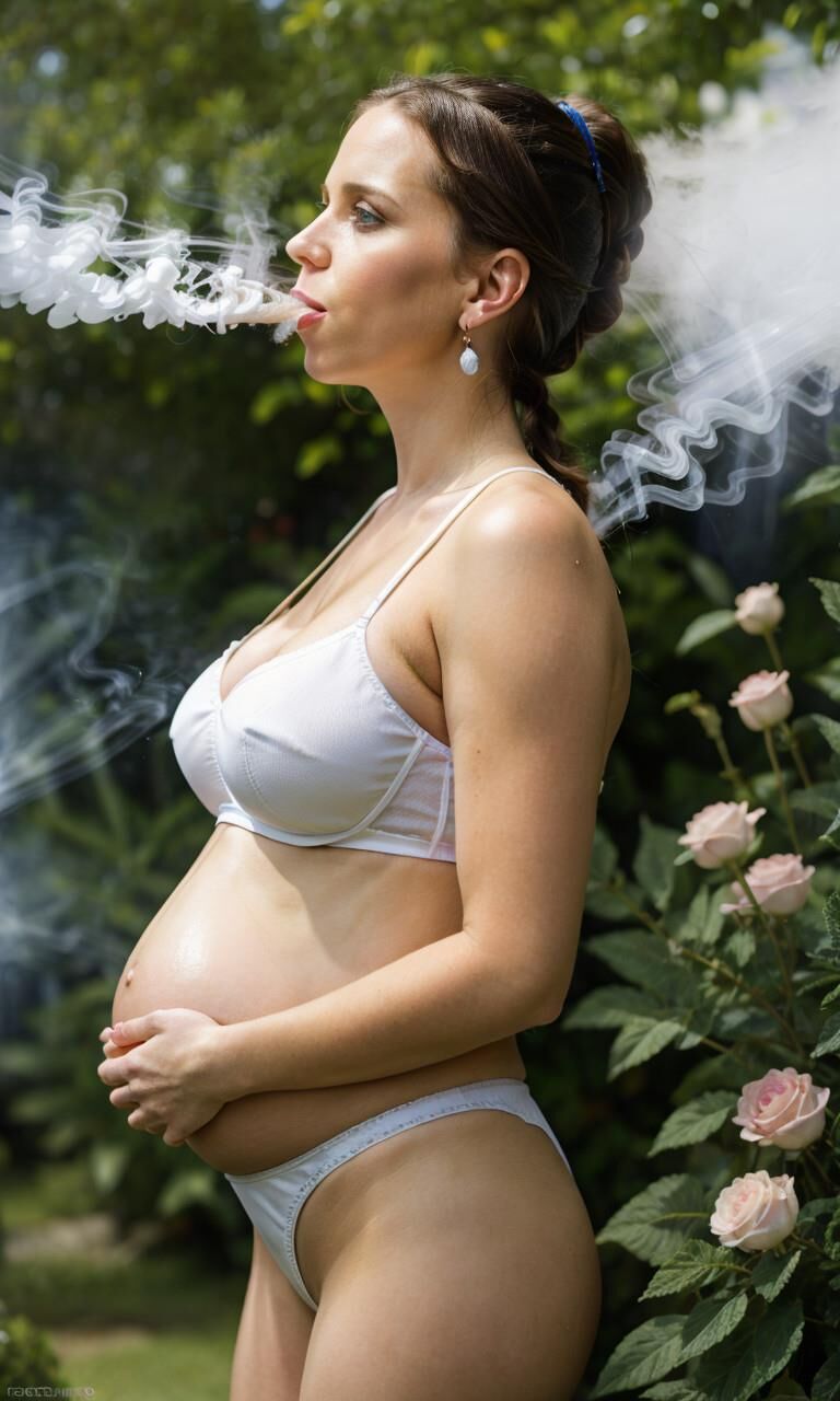 Pregnant bride is smoking a cigarette