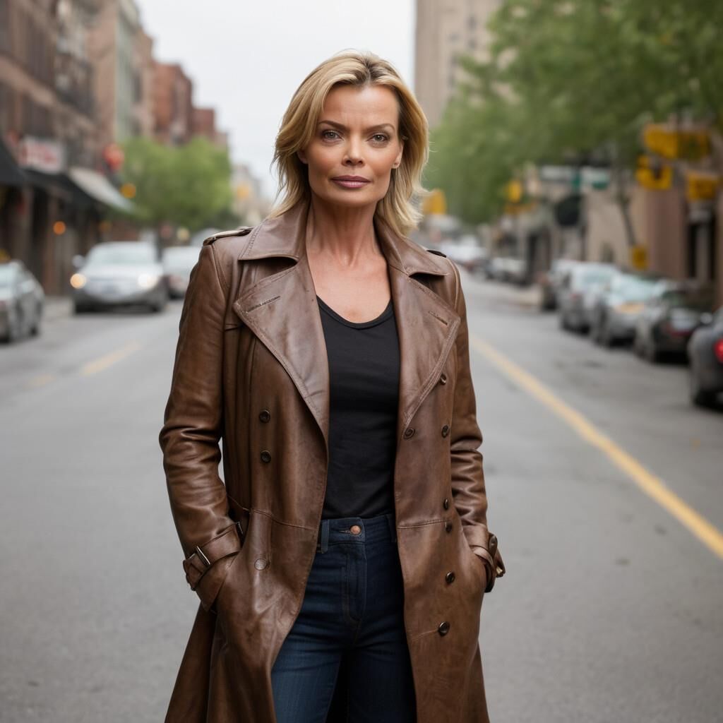 A.I.Jaime Pressly en abrigo de cuero