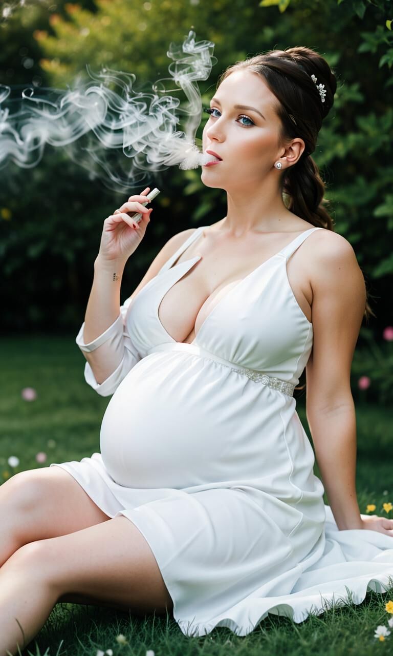 Pregnant bride is smoking a cigarette