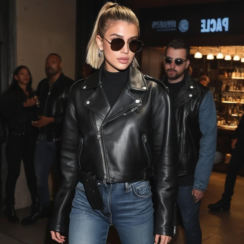 AI Hailey Bieber em couro preto