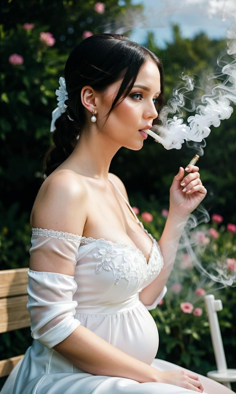 Pregnant bride is smoking a cigarette