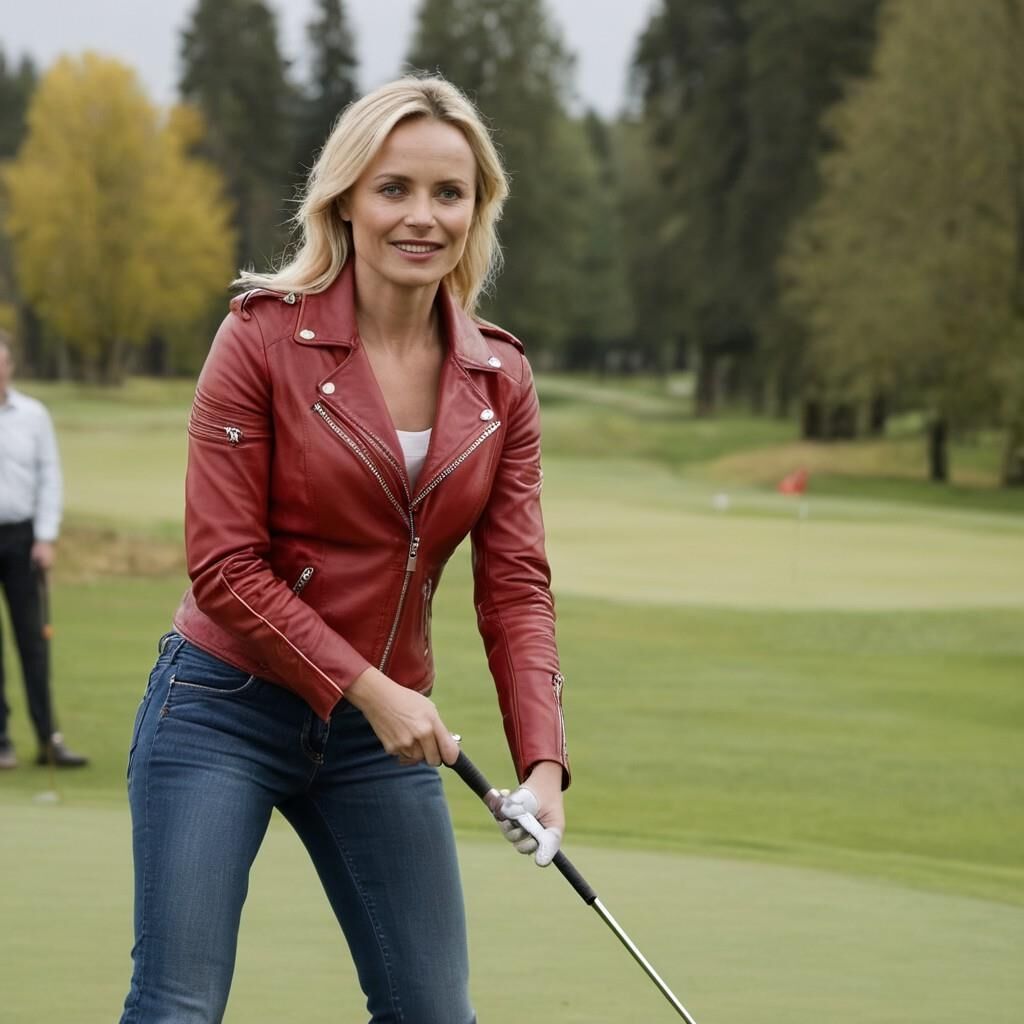 A.I. Sofia Helin in Red Leather Jacket on a Golf court.