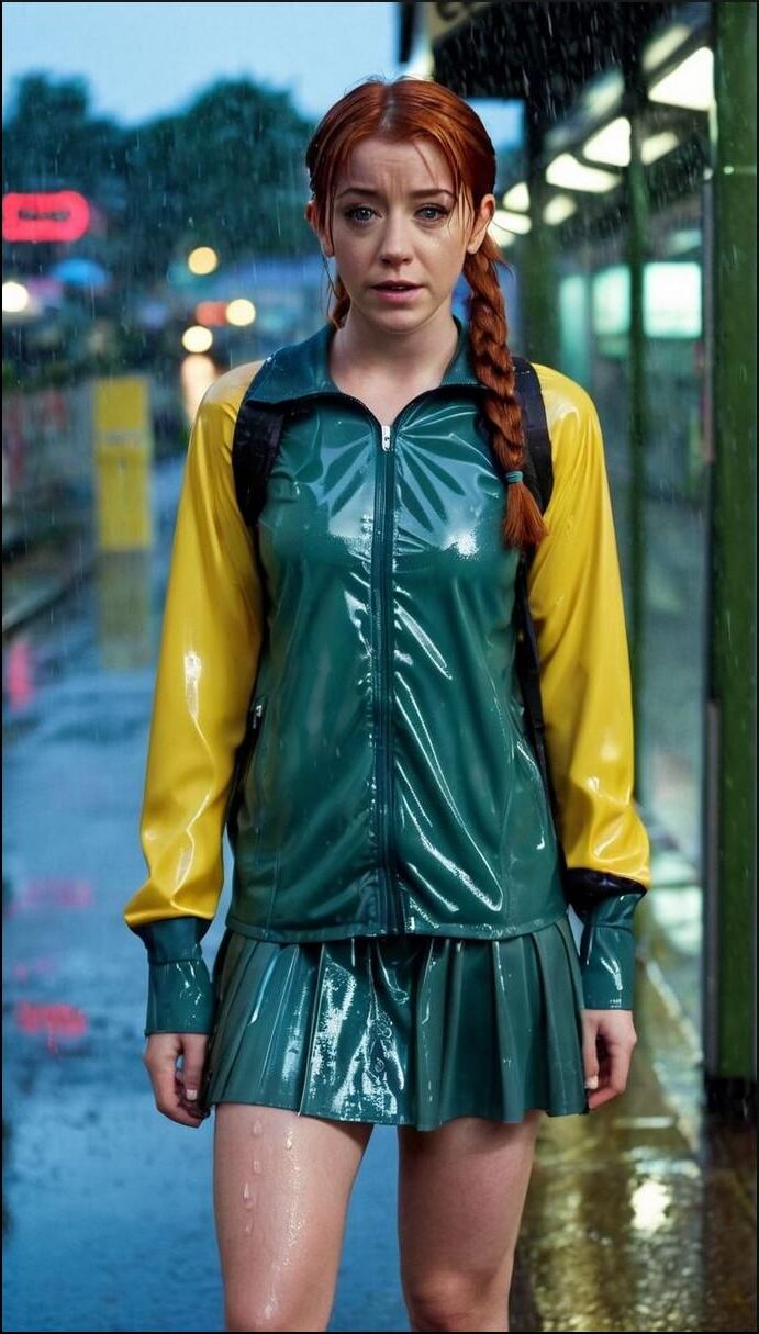 Alyson Hannigan Ropa impermeable mojada Látex Fetiche AI ​​Sexy Kink