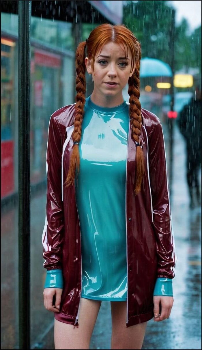 Alyson Hannigan Ropa impermeable mojada Látex Fetiche AI ​​Sexy Kink