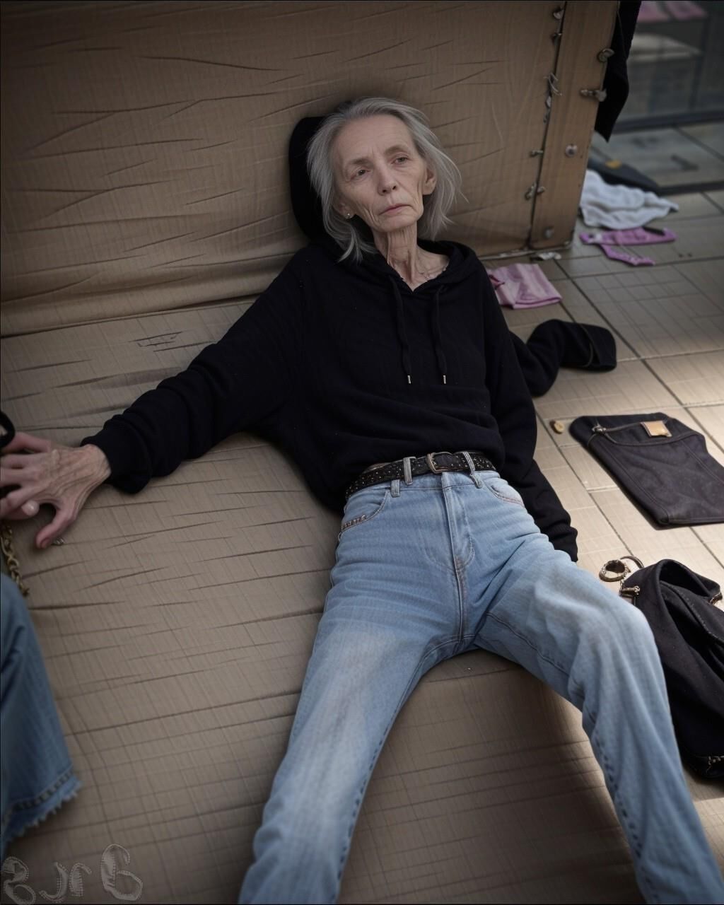 AI Generated - Homeless anorexic granny wearing tight jeans