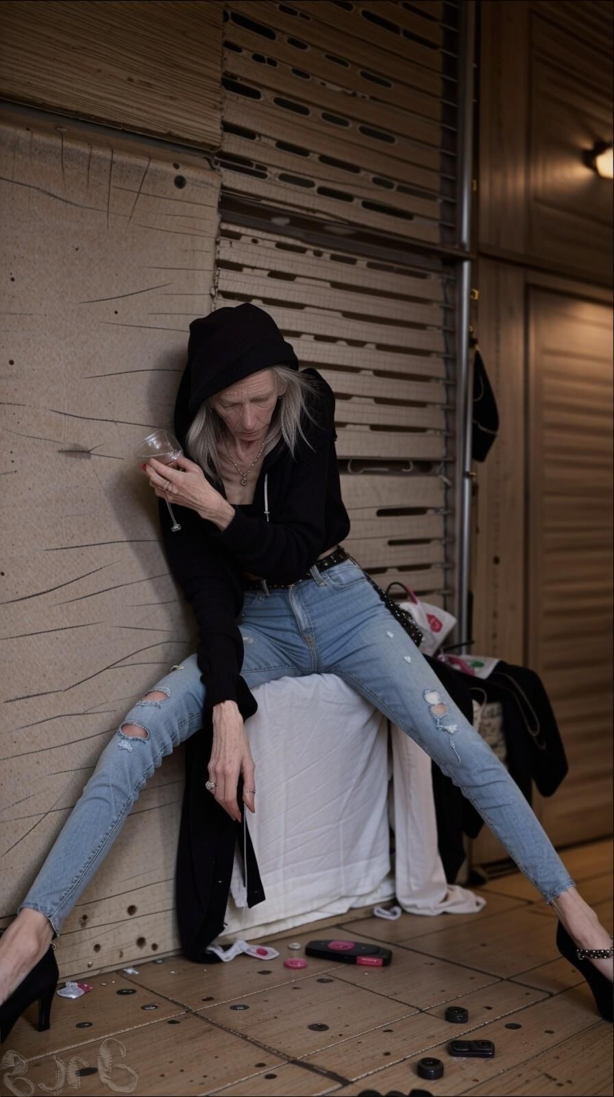 AI Generated - Homeless anorexic granny wearing tight jeans